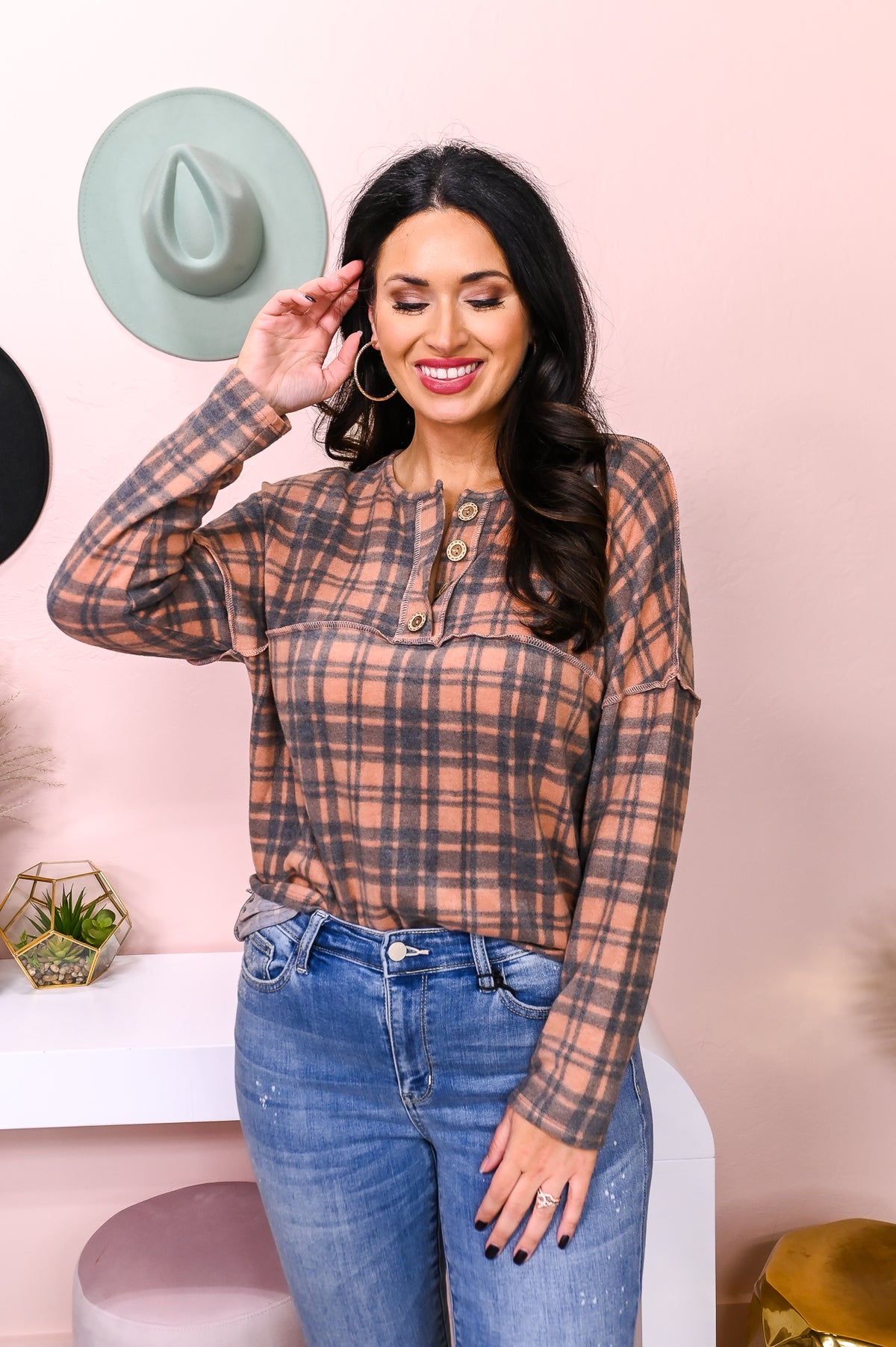 Perception Is Everything Dusty Rust/Dusty Charcoal Gray Plaid Top - T5968DRU