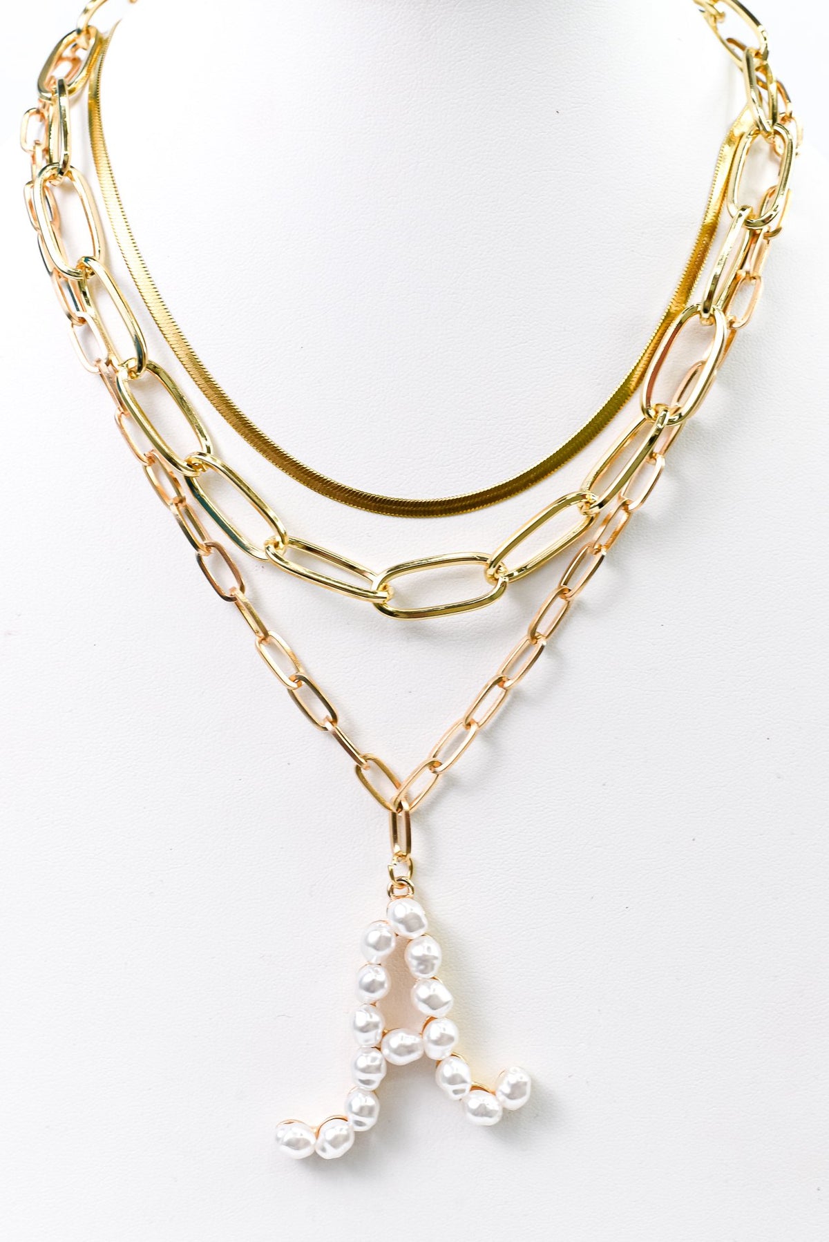 Gold/Pearl/Chain Linked Letter Necklace - NEK3895GO