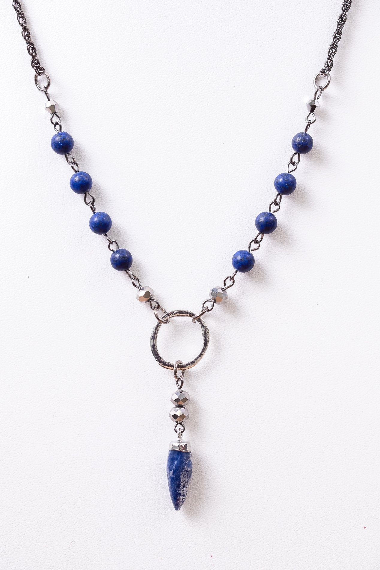 Silver/Royal Blue/Beaded/Open Circle/Drop Charm Necklace - NEK4034SI
