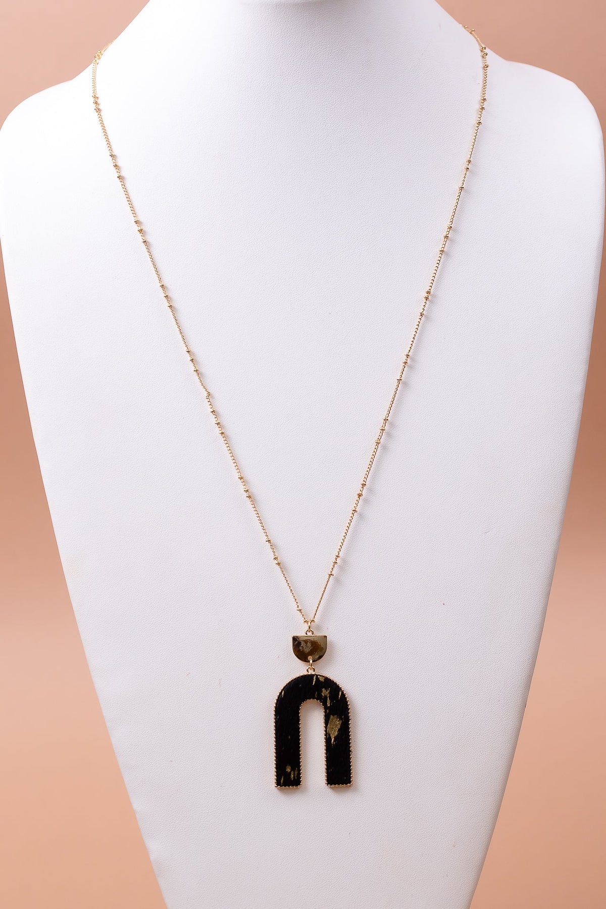 Gold/Black/Cowhide Arch Pendant Necklace - NEK4042GO