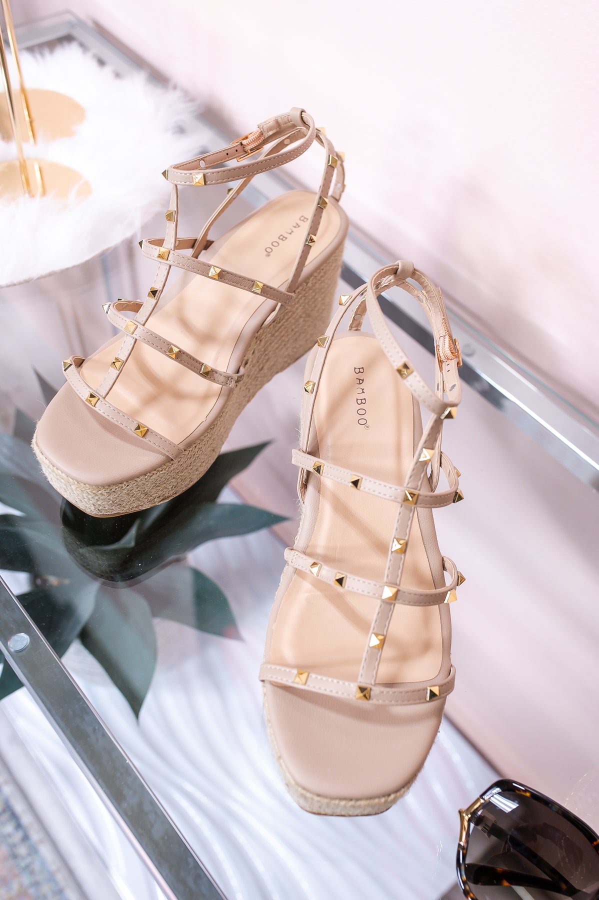 A Date With Destiny Nude/Gold Studded Espadrille Wedge Sandals - SHO2541NU