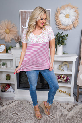 Scents Of Spring Pink/Ivory Floral/Striped Top - T6472PK