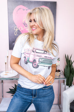 Dirt Roads And Flower Fields Heather White Pink Truck/Floral Graphic Tee - A2514WH