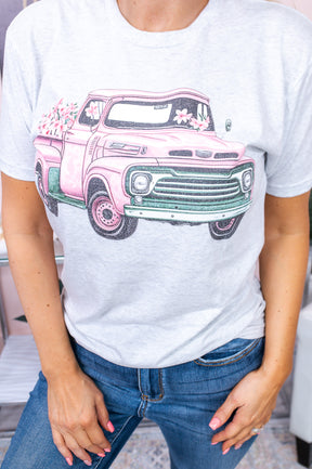 Dirt Roads And Flower Fields Heather White Pink Truck/Floral Graphic Tee - A2514WH