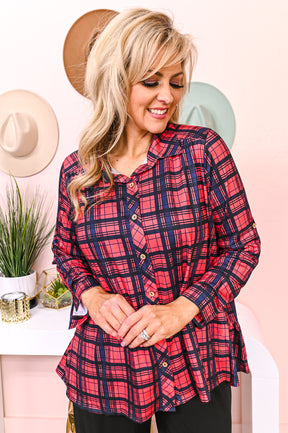 Starting Fresh Red/Navy Plaid High-Low Top - T5411RD