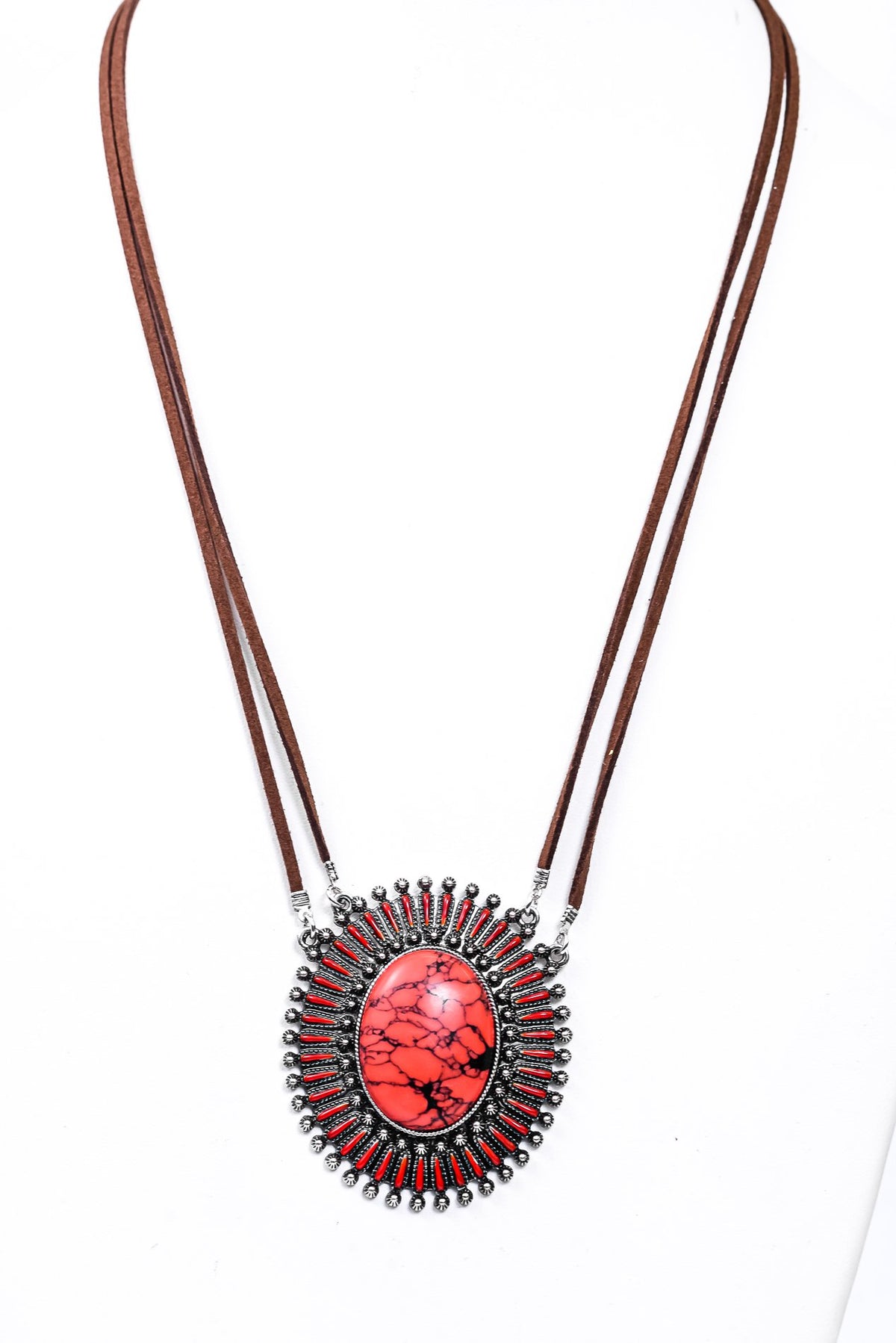 Brown/Red/Silver/Suede/Oval/Marble Stone Pendant Necklace - NEK3837BR