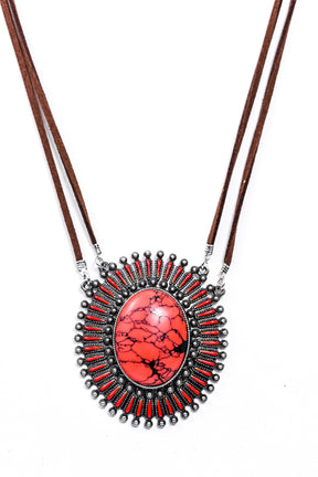 Brown/Red/Silver/Suede/Oval/Marble Stone Pendant Necklace - NEK3837BR