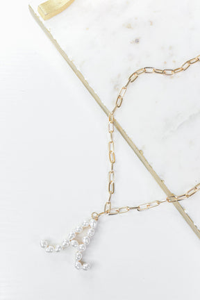 Gold/Pearl/Chain Linked Letter Necklace - NEK3895GO