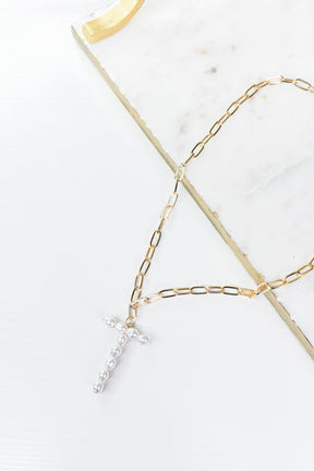 Gold/Pearl/Chain Linked Letter Necklace - NEK3895GO