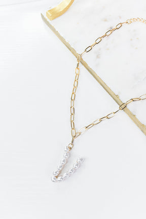 Gold/Pearl/Chain Linked Letter Necklace - NEK3895GO