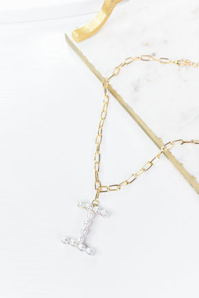 Gold/Pearl/Chain Linked Letter Necklace - NEK3895GO