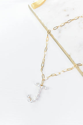 Gold/Pearl/Chain Linked Letter Necklace - NEK3895GO