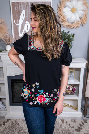 True Visionary Black/Multi Color Tribal/Floral Embroidered Top - T6502BK