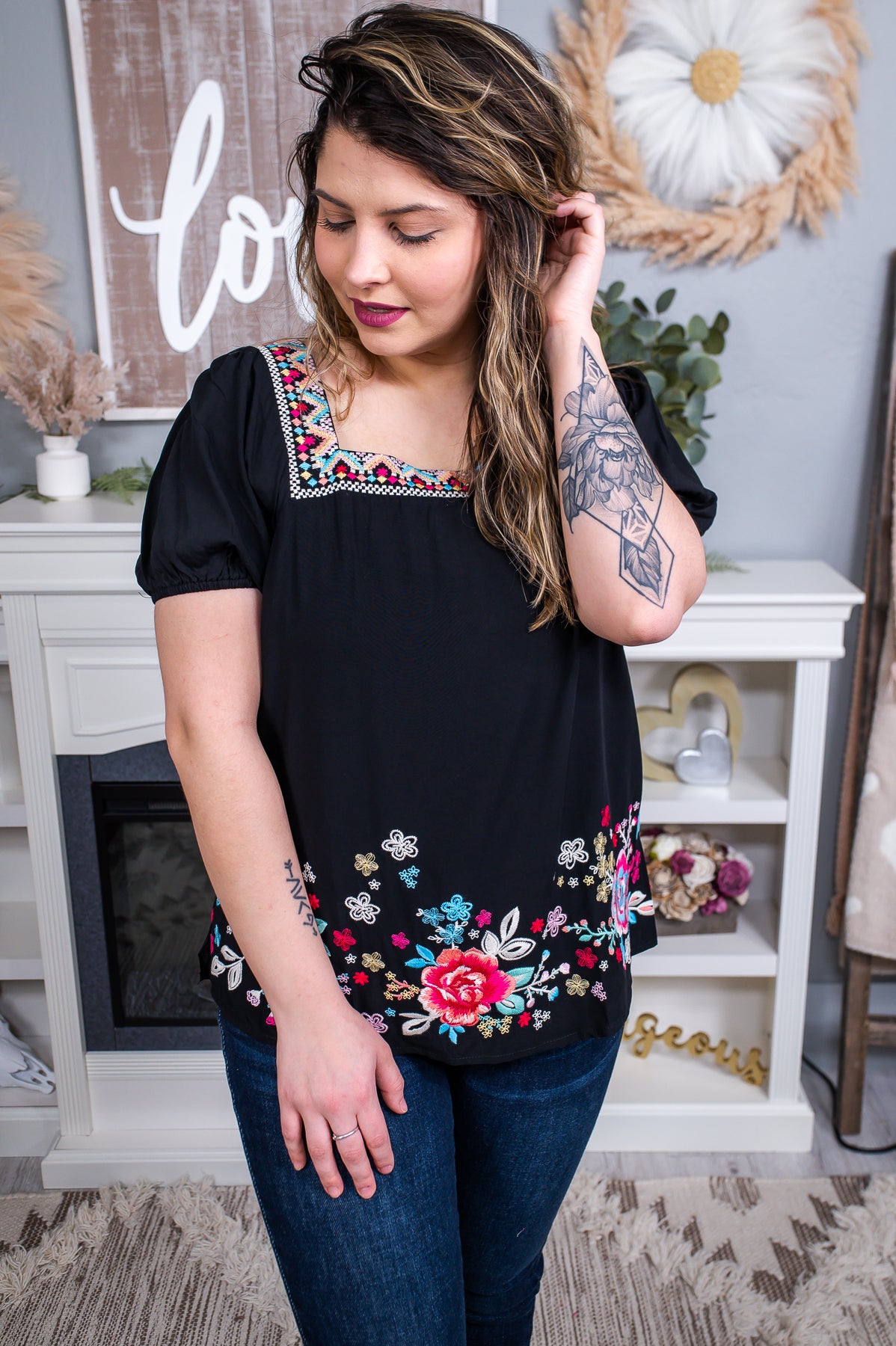 True Visionary Black/Multi Color Tribal/Floral Embroidered Top - T6502BK