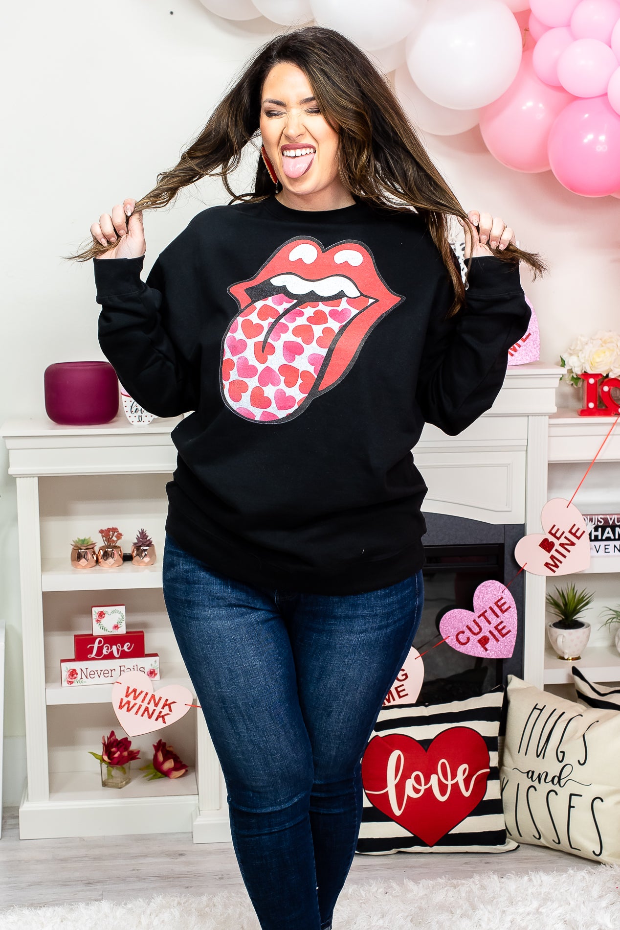 Just Never Let Me Go Black Valentine/Mouth Printed Graphic Sweat Shirt - A1803BK
