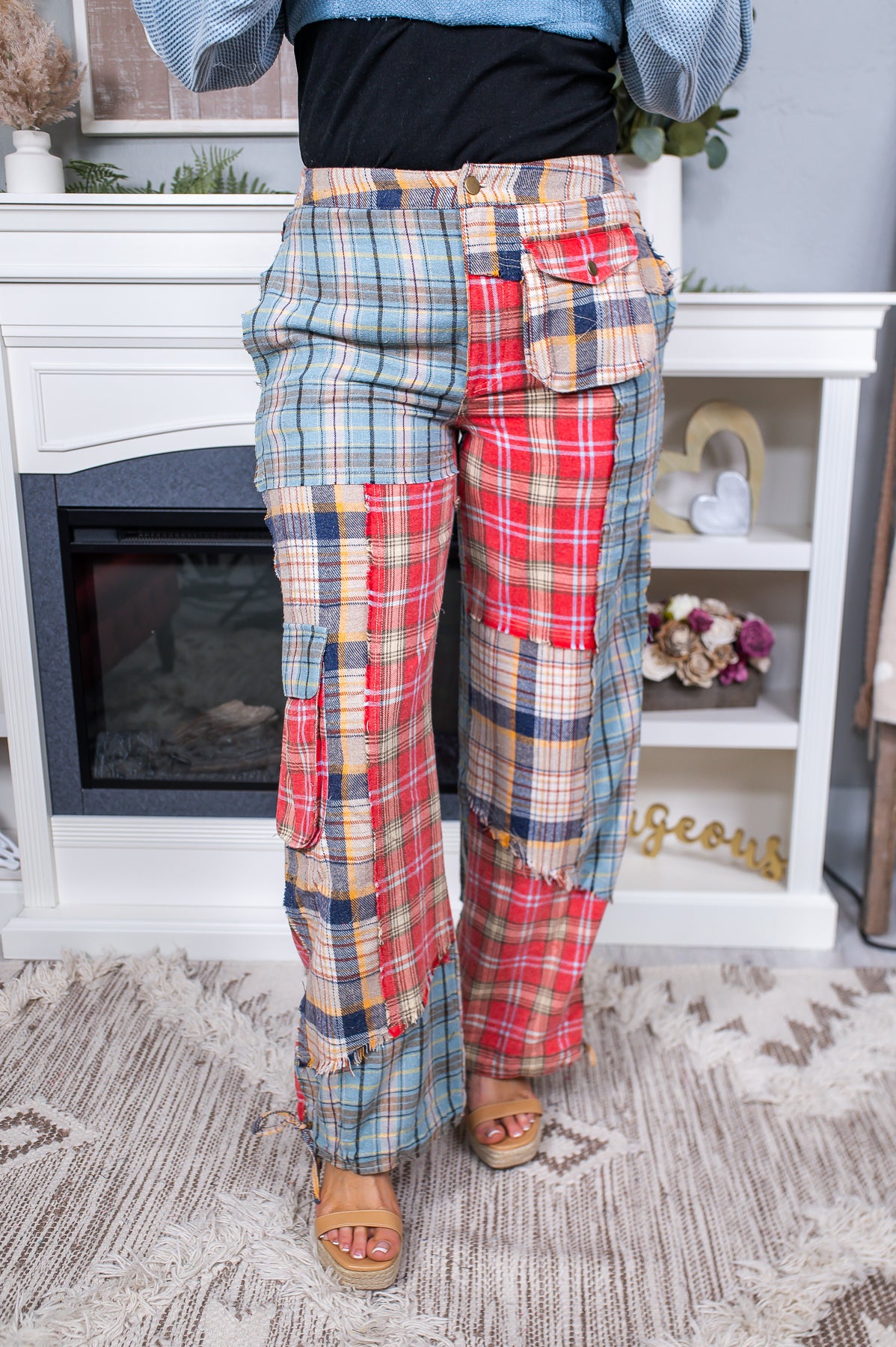 Fun & Done Red/Multi Color Plaid/Patch Pants - PNT1368RD