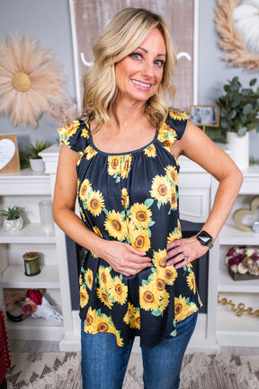 Rejoice In The Sunlight Black/Yellow Sunflower Tank Top - T6518YE