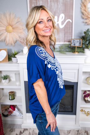 Endless Daydreaming Navy/White Printed High-Low V Neck Top - T6516NV