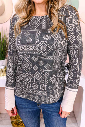 Lucky To Be Loved Charcoal Gray/Cream Tribal Top - T5475CG