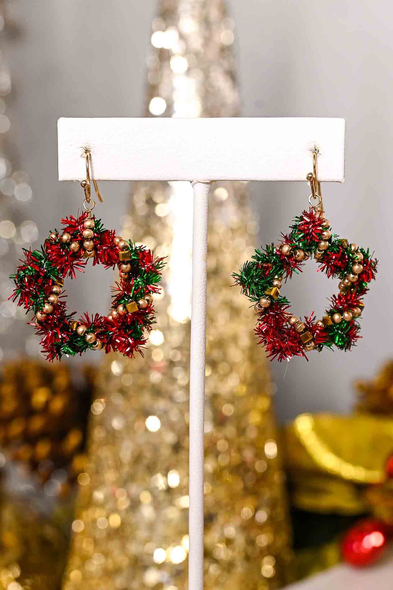 Red/Green Tinsel Star Wreath Drop Earrings - EAR3968RD