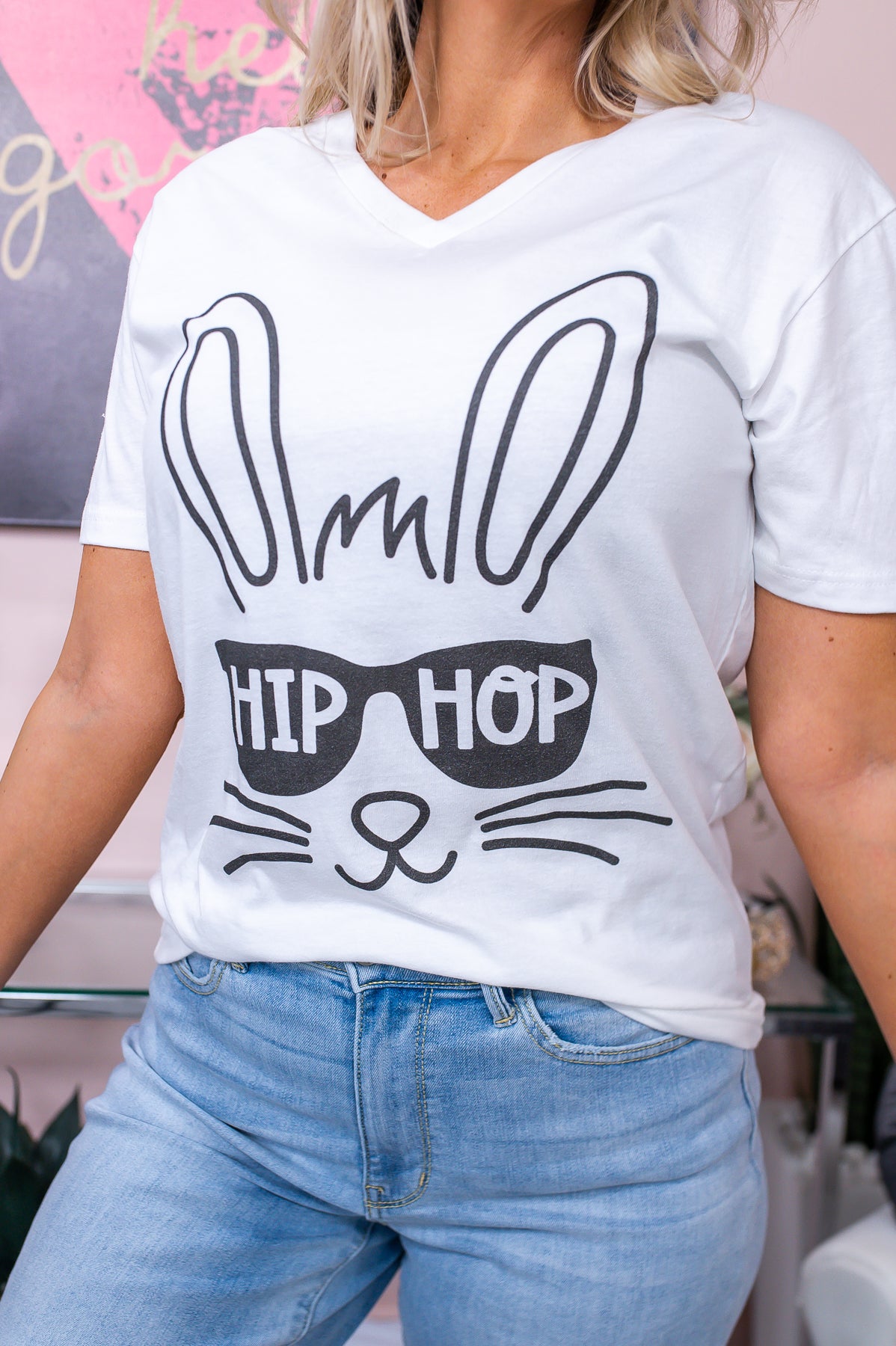 Hip Hop White Bunny Face V Neck Graphic Tee - A2524WH