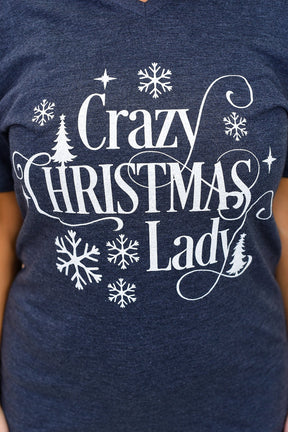 Crazy Christmas Lady Navy V Neck Graphic Tee - A1672NV