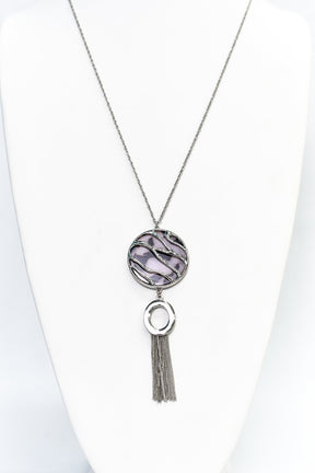 Silver/Lavender Circle Pendant/Tassel Necklace - NEK3655SI
